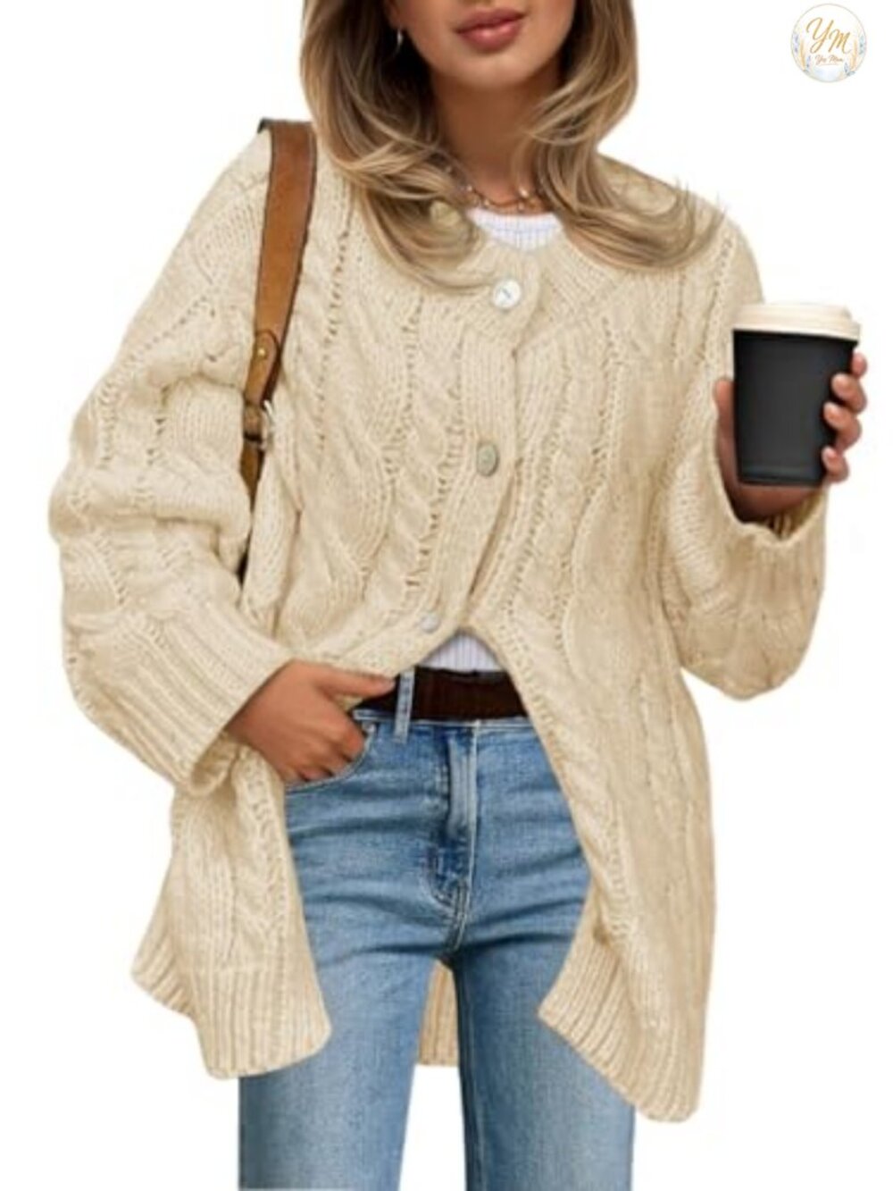Chunky Cable Knit Cardigan Sweater Dress, Long Sleeve Crew Neck Button Up, Fall